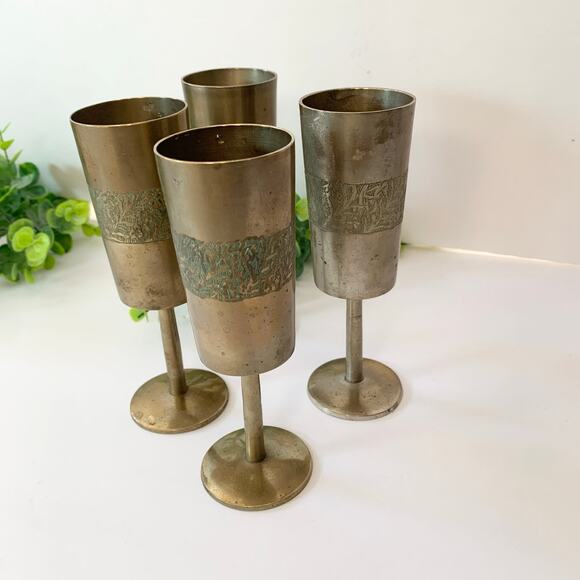 Vintage Brass Gold Etched India Goblet Cups 6" Set 4 - Picture 2 of 5